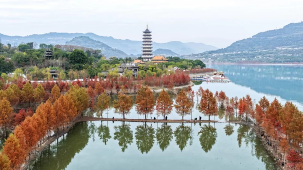 Scenic Hanfeng Lake National Wetland Park features restored water ecosystems and successful carbon sink sequestration.