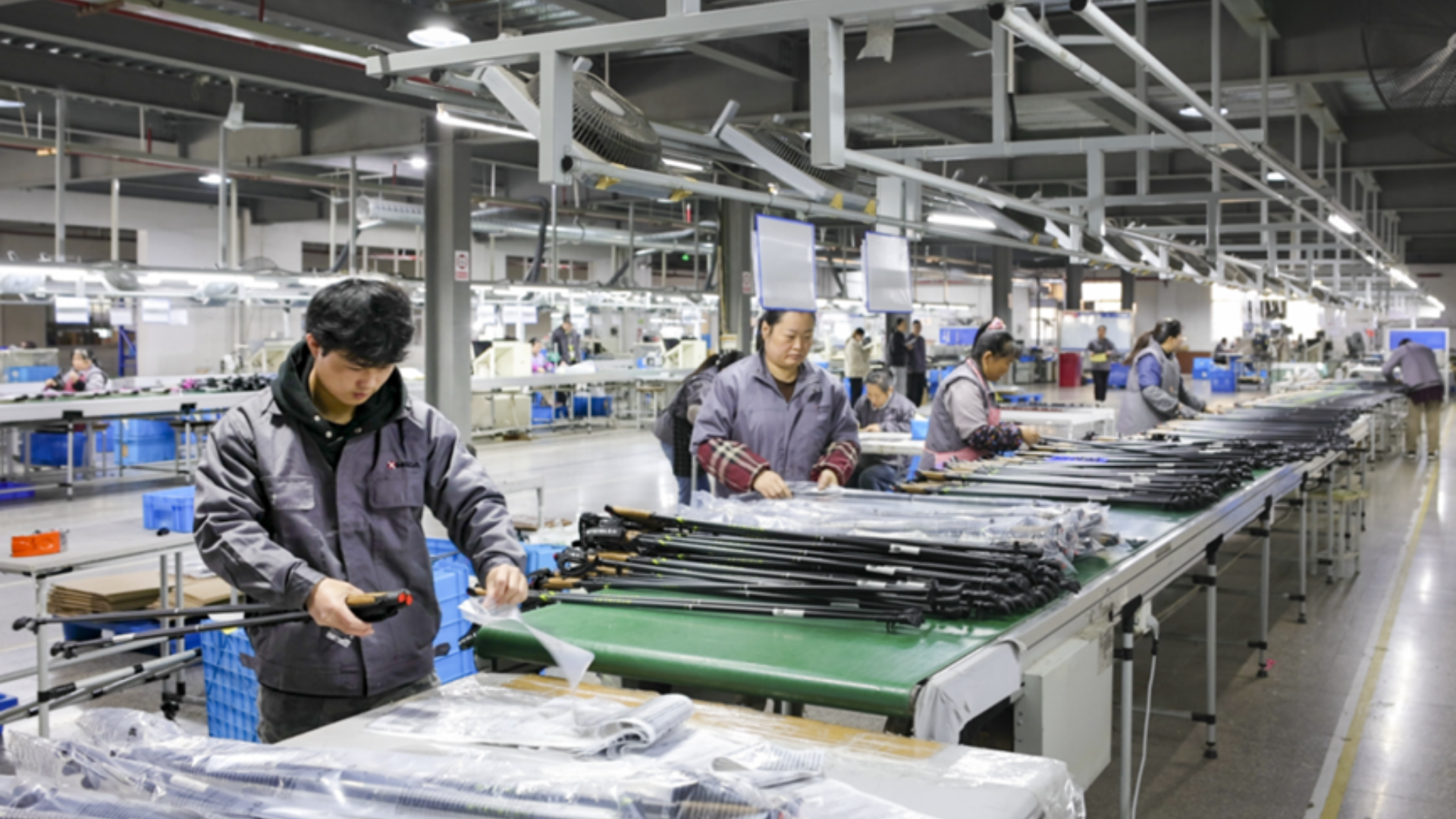 Ninghai-made carbon fiber trekking poles showcased in a showroom, representing 60% global market share.