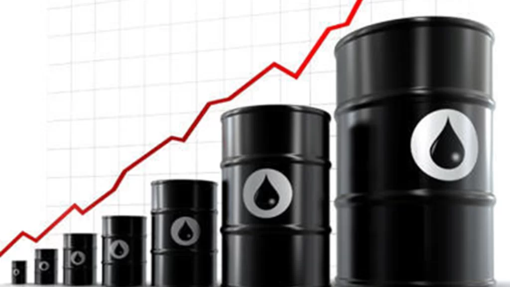 A line graph rising over oil barrels, illustrating a historic global supply and demand crisis.
