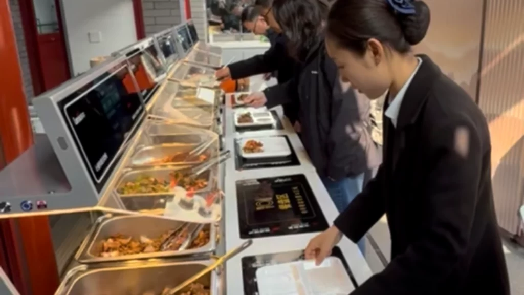 Beijing’s AI canteen utilizes automated cooking units and facial recognition for efficient, smart community dining.