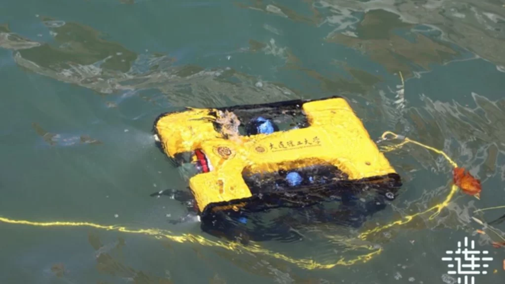 A Yellow Haiying series underwater robot from Dalian Maritime University floats on the sea surface.