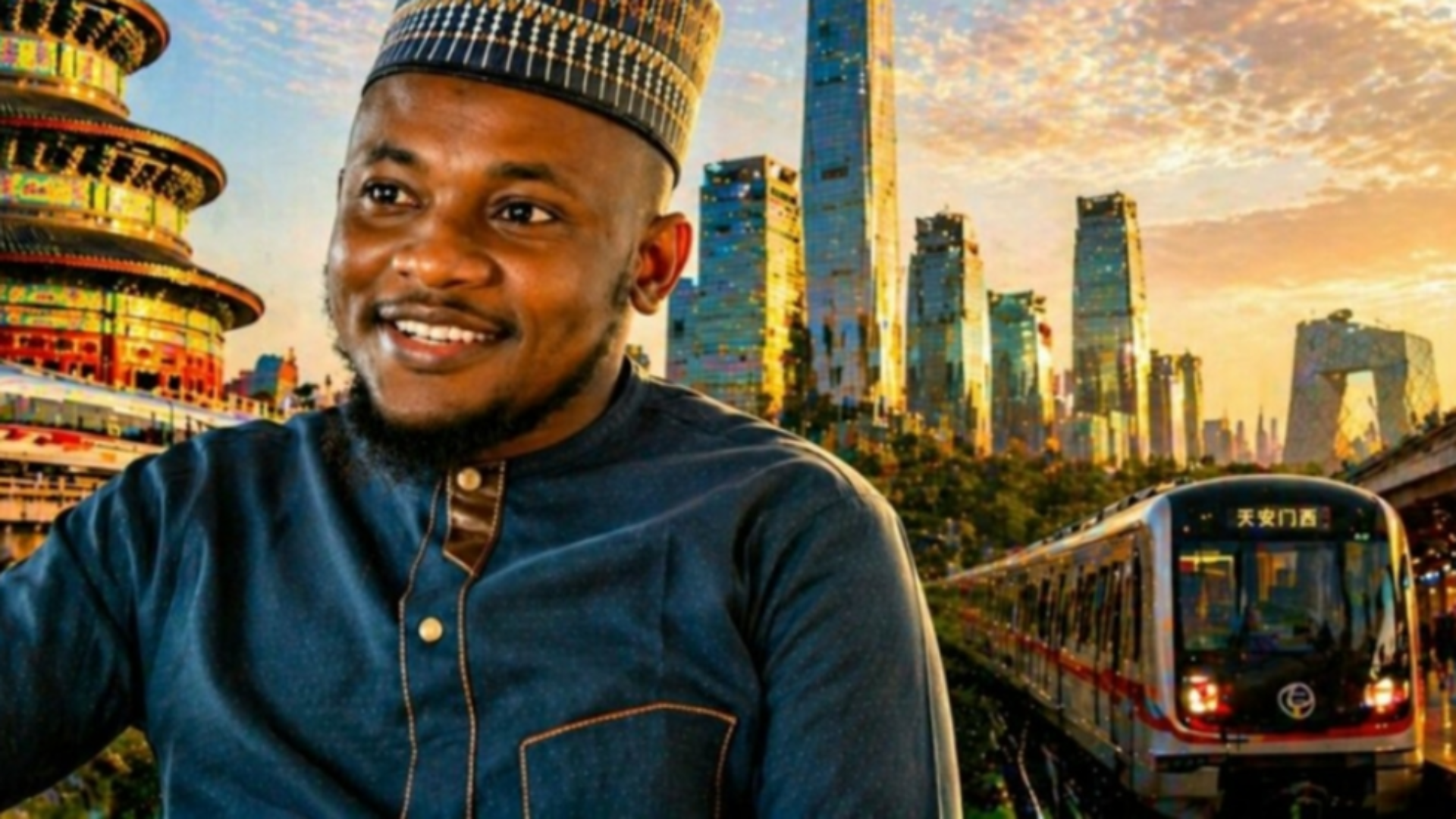 Nigerian presenter Nuru smiles before a composite background of Beijing’s historic and modern skyline.