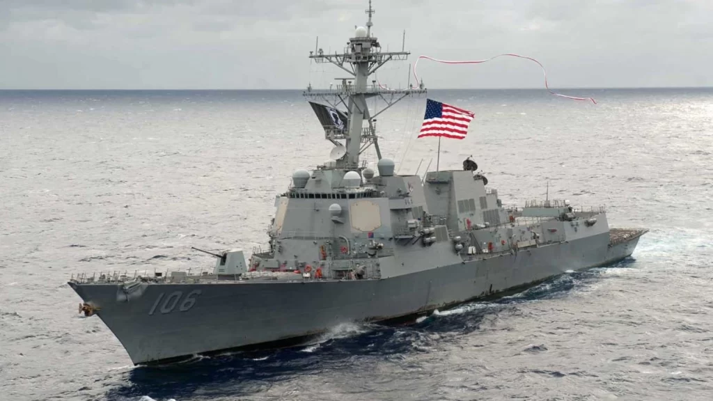 U.S. Navy destroyer USS Kidd enforces a blockade against Iranian maritime traffic in the Strait.