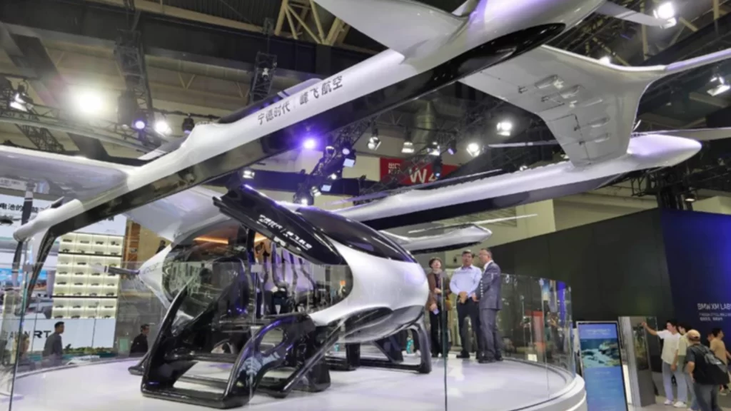 An eVTOL flying vehicle displayed at Auto China 2026, representing China's rapid automotive innovation.