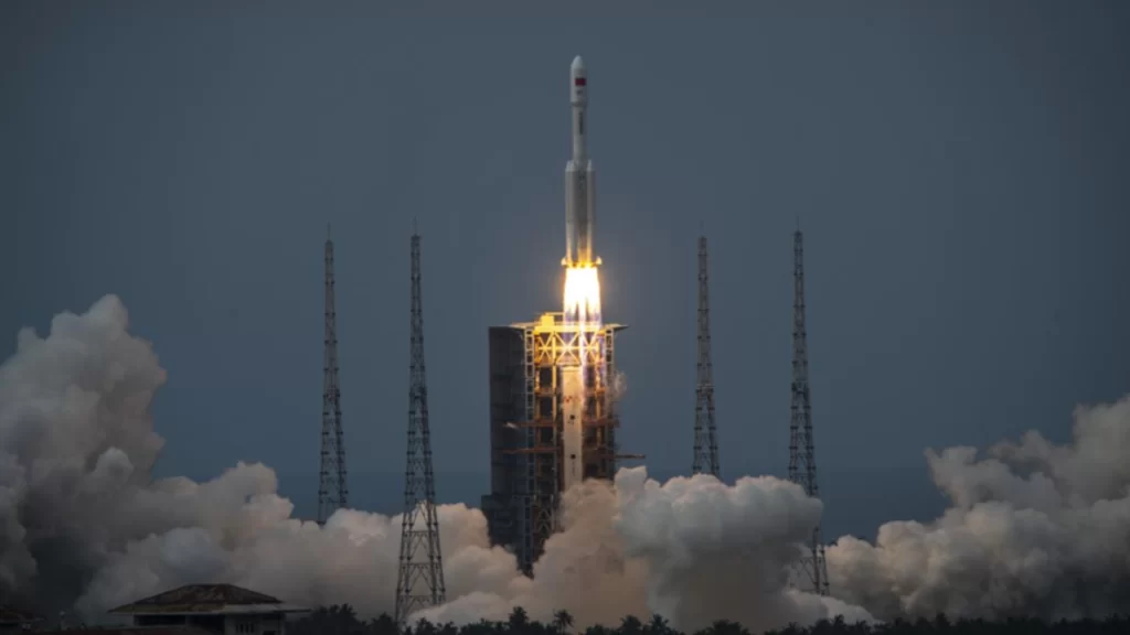 China's Long March-7 rocket lifts off, launching the Tianzhou-10 cargo spacecraft into orbit.