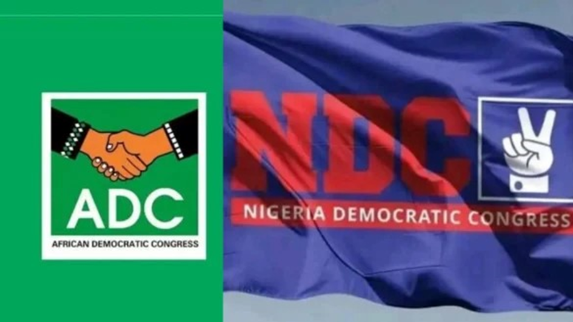 Logos of the African Democratic Congress and Nigeria Democratic Congress amidst reports of legislative defections.