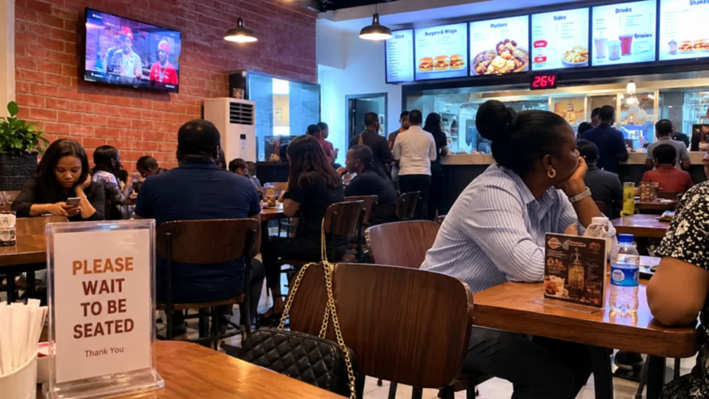 A crowded Abuja fast-food restaurant where customers wait patiently for their delayed meals.