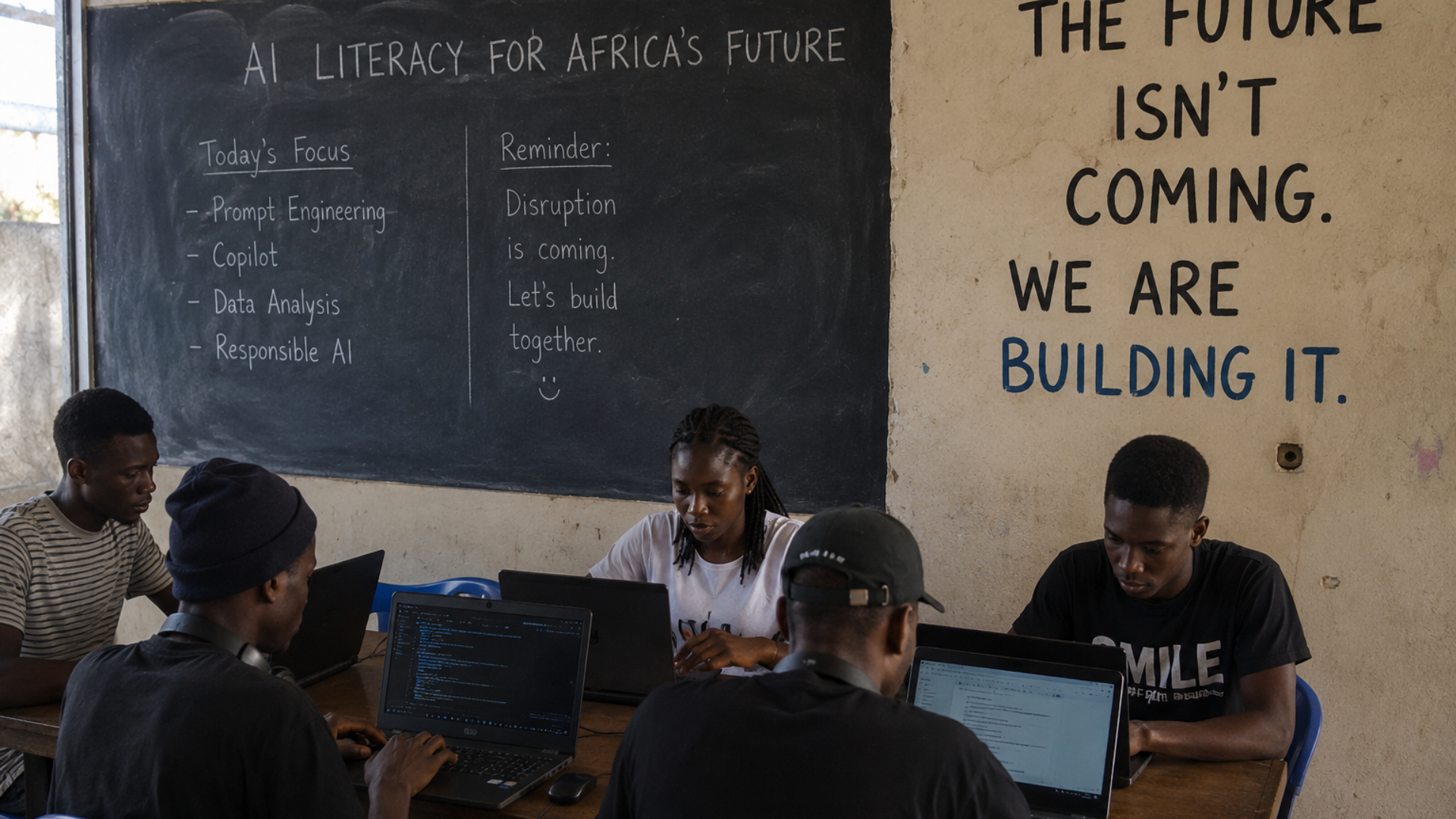 Young African students learning AI engineering beneath a chalkboard reading "We are building the future."