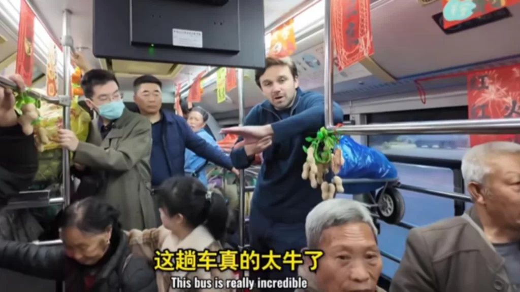 Smiling Chinese farmers with fresh produce baskets on a "Vegetable Bus" heading to city markets.