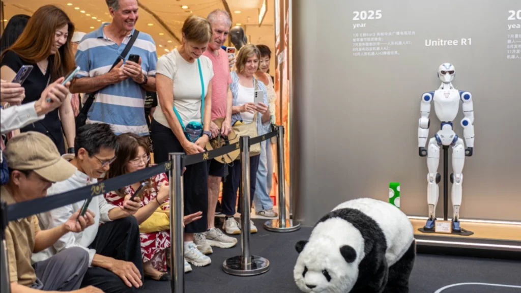 Tourists watching a panda-costumed robot dog at a Unitree experience center in Shanghai.