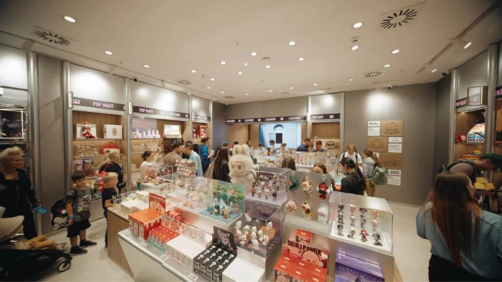 Customers browse collectible toys inside a Pop Mart store.