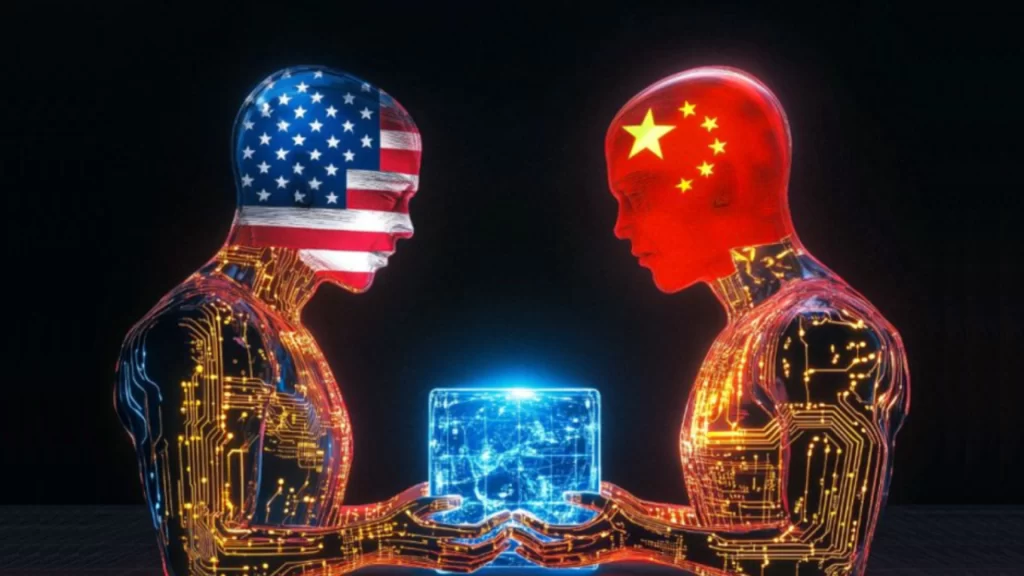 Two digital figures representing the U.S. and China hold a glowing globe.