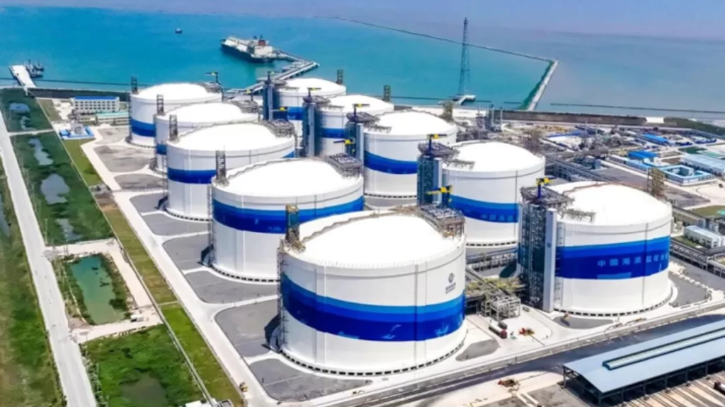Aerial view of CNOOC LNG storage tanks, driving Jiangsu's green industrial growth.