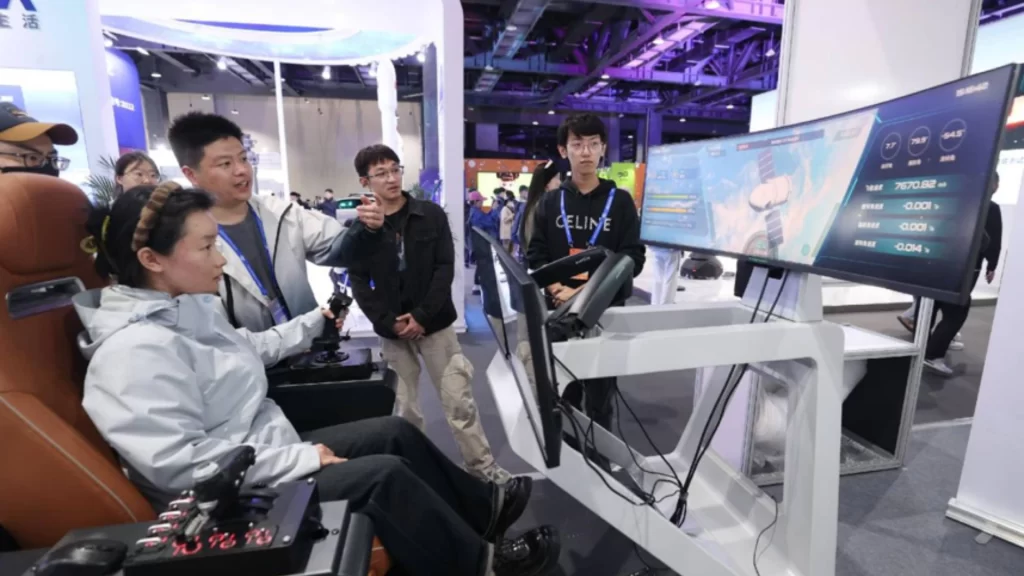 Visitor experiences immersive space flight simulator at China Science Fiction Convention in Beijing.