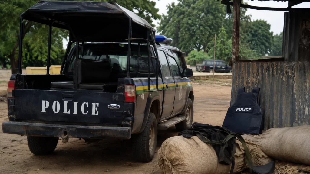 Police patrol vehicle and body armor symbolize Nigeria's fight against terrorism, banditry, and insecurity.