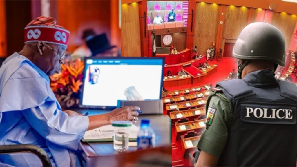 The photo shows President Tinubu, the Nigerian Senate chamber, and a police officer.