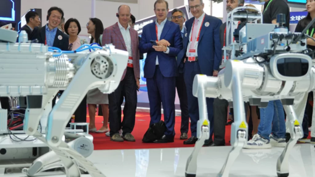 Quadruped robots displayed at China International Supply Chain Expo, highlighting innovation and global industrial cooperation.