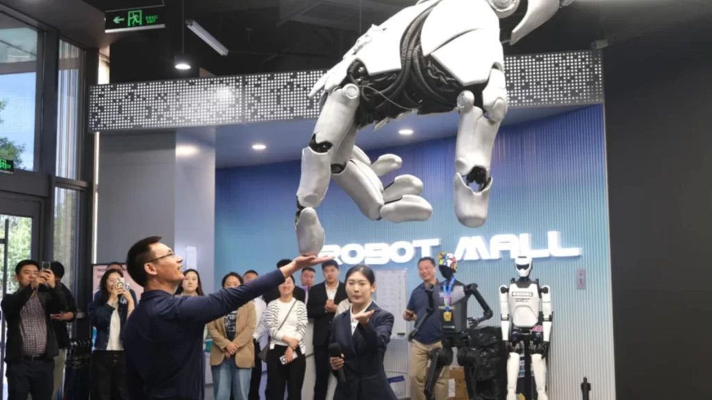 Visitor explores robotic exhibit in Beijing, highlighting China's innovation, AI, and advanced industrial development.