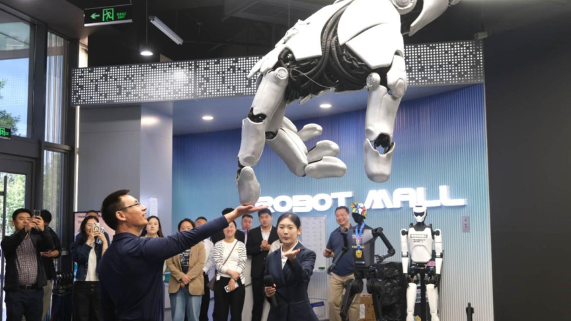 Visitor explores robotic exhibit in Beijing, highlighting China's innovation, AI, and advanced industrial development.