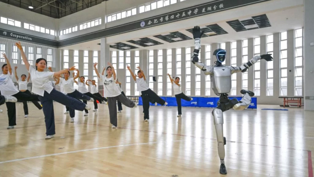 Robot interacts with students, showcasing China's affordable, high-performance robotics innovation and technological advancement.