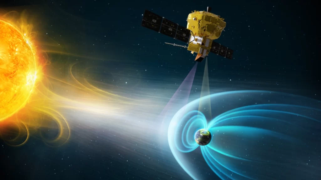 SMILE satellite in orbit using soft X-ray imaging to study Earth's magnetosphere.