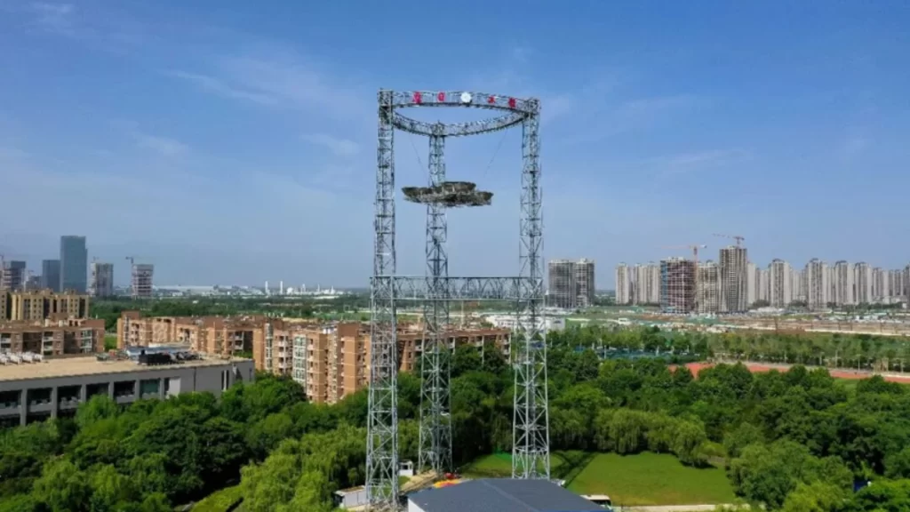 Steel tower of space-based solar power verification system demonstrating wireless microwave energy transmission.