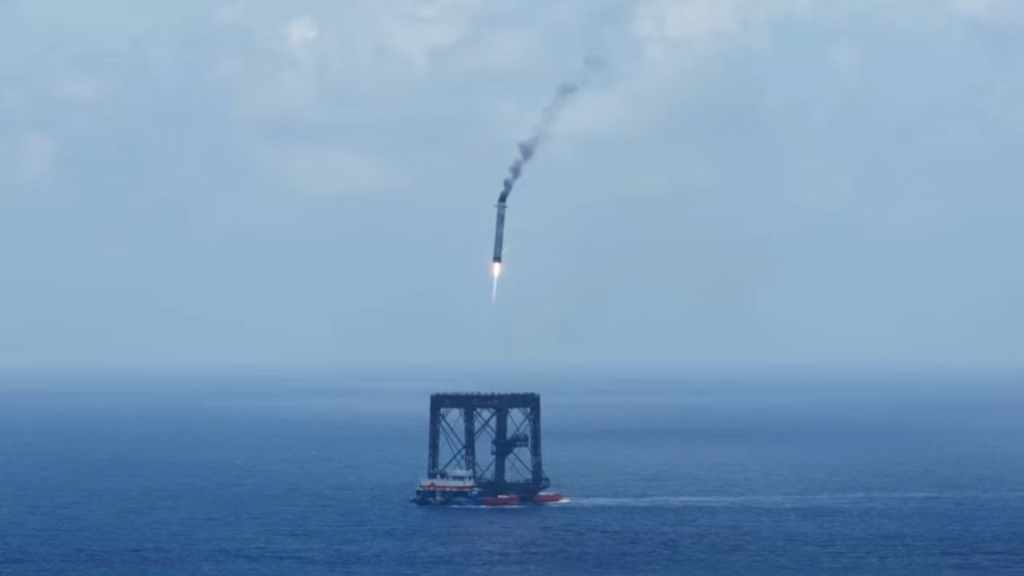 Long March-10B first stage recovered by offshore net-capture platform after launch.