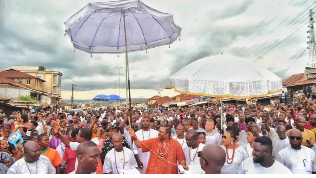 Olowo of Owo in ceremonial coral beads participating in the historic Igogo Festival rites.