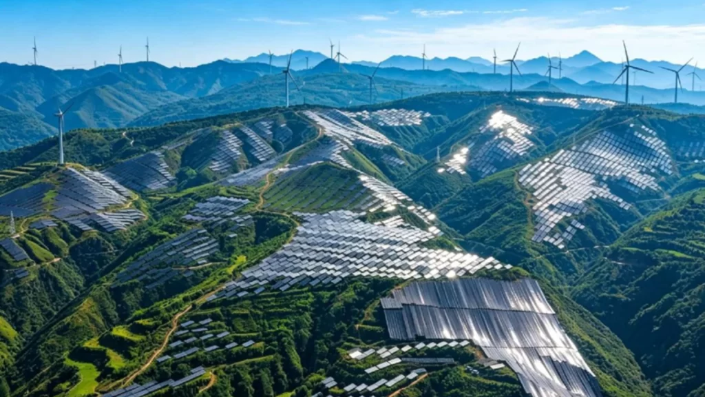 Photovoltaic panels across Shanxi hills highlight renewable energy supporting China’s modern industrial infrastructure.