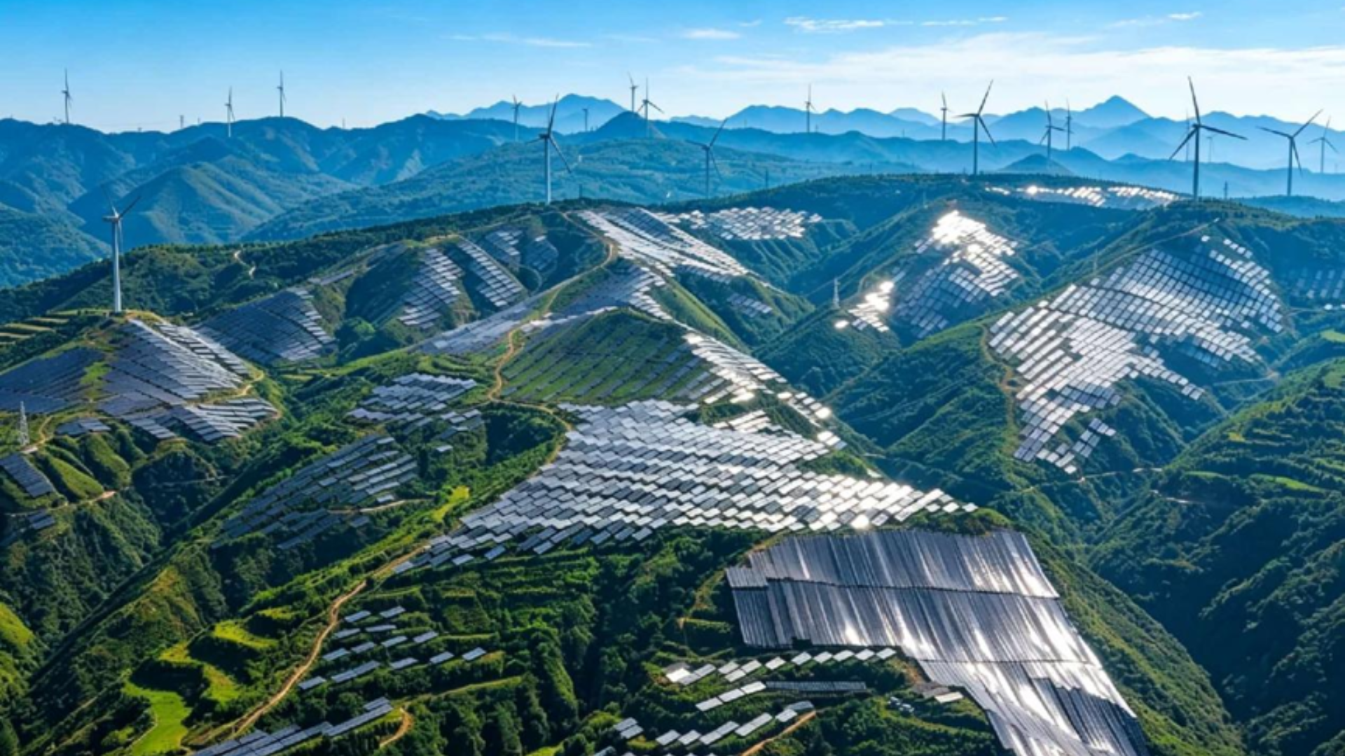 Photovoltaic panels across Shanxi hills highlight renewable energy supporting China’s modern industrial infrastructure.