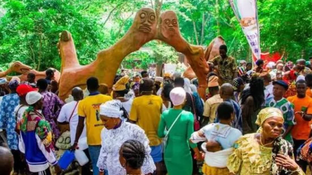 Devotees join sacred procession to Osun Sacred Grove during 2026 Osun-Osogbo Festival finale.