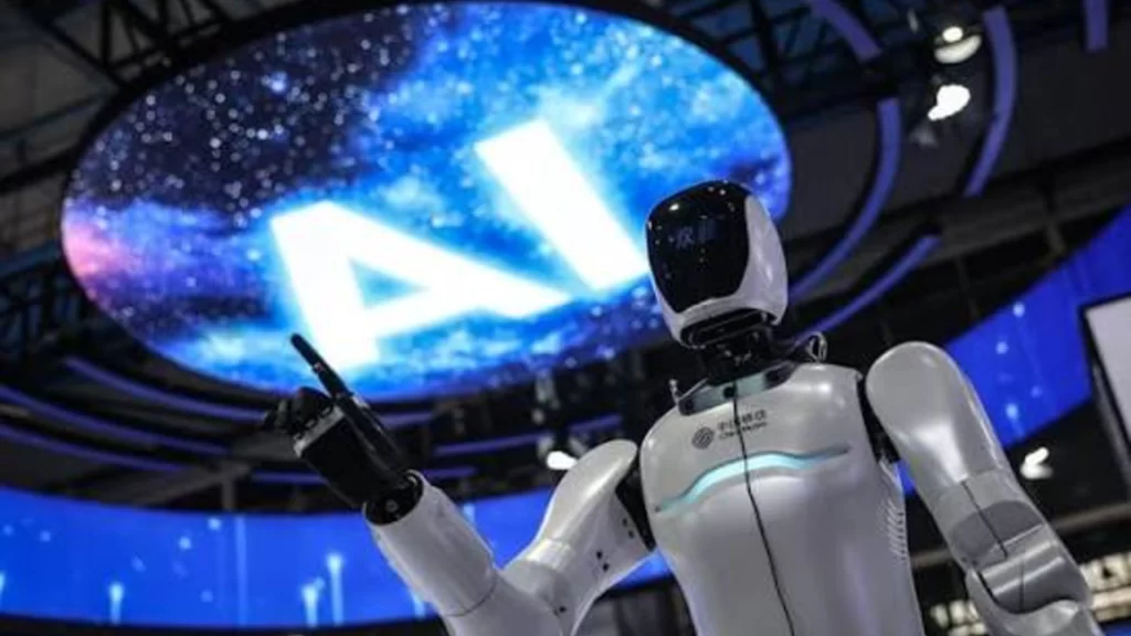 Humanoid robot displayed with large "AI" characters in the background at Chongqing expo.