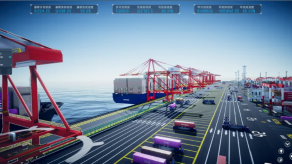 Digital twin system interface showing the automated Phase IV terminal at Shanghai Yangshan Port.