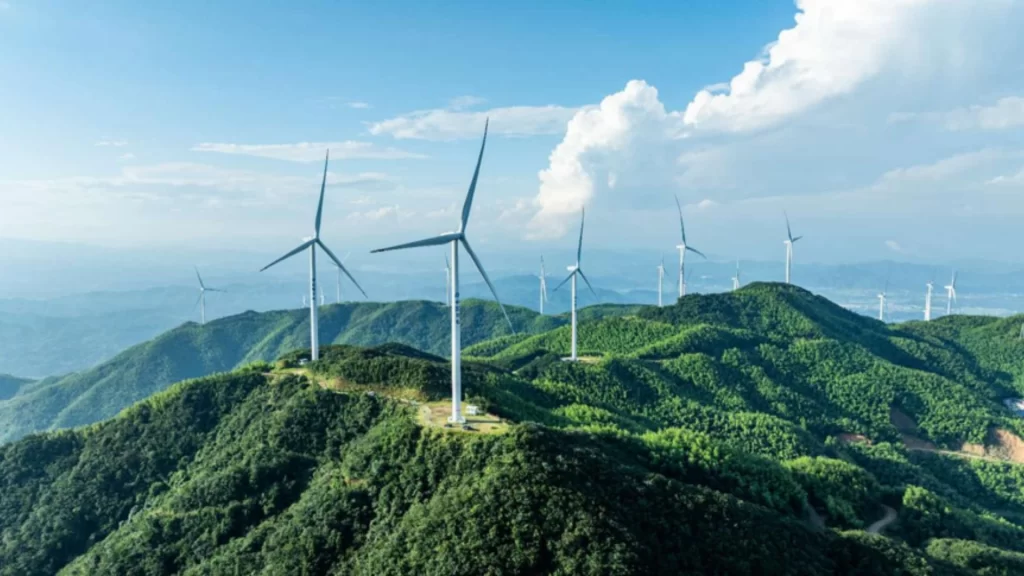 Wind farm generates renewable energy, supporting AI computing growth and greener electricity infrastructure.