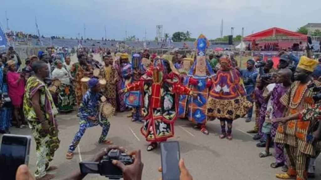 Traditional Yoruba practitioners preparing for the Olókùn Festival celebrating maritime heritage in Lagos.