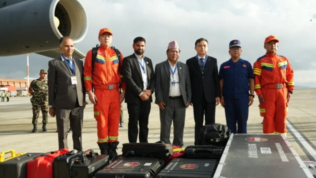 Chinese tunnel rescue experts arrive at Tribhuvan International Airport in Kathmandu, Nepal.