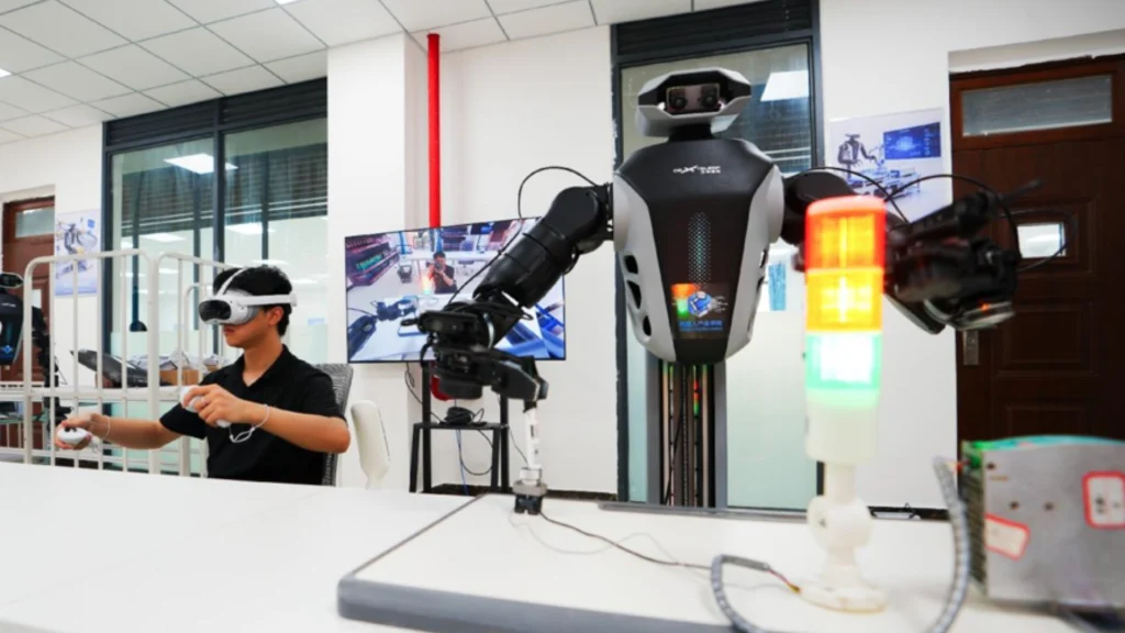 A vocational student controlling a robot to perform a circuit test in Sichuan.