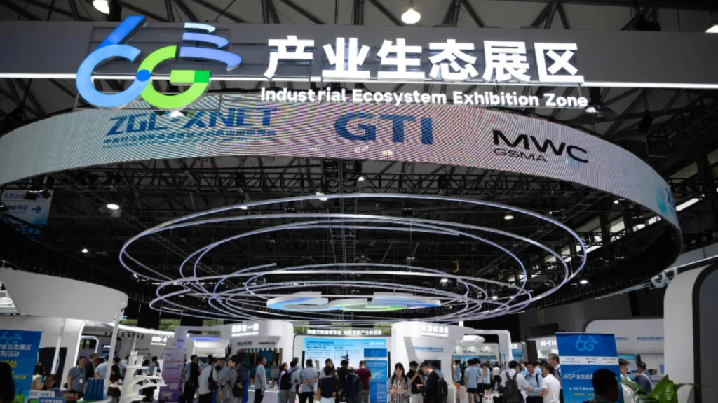 The 6G industrial ecosystem exhibition zone at Mobile World Congress Shanghai 2026.