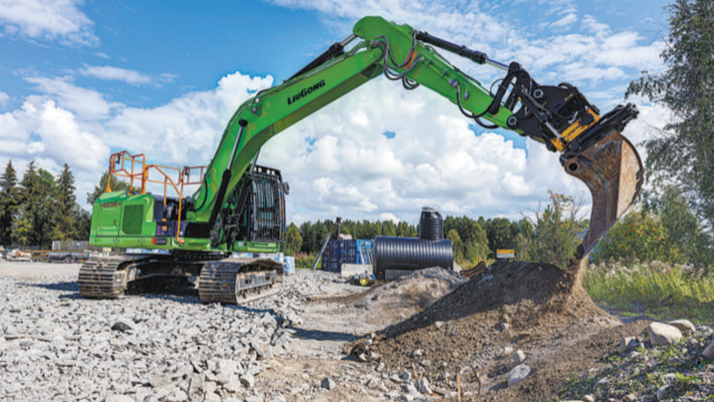 A LiuGong electric excavator operates at an overseas European construction site.